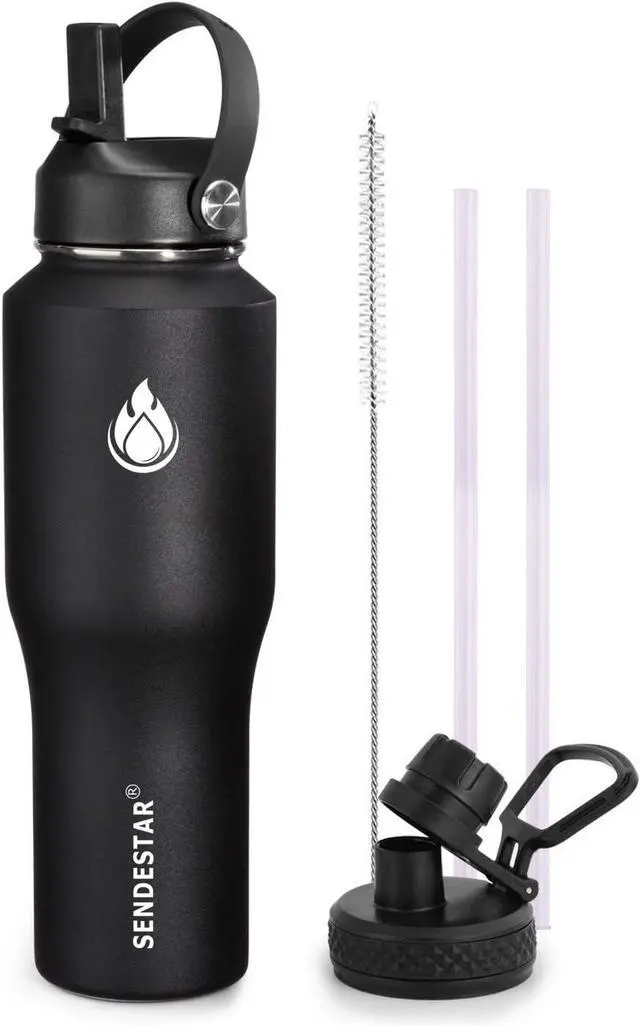 Main image of SENDESTAR Water Bottle 32oz,2 Lids(Straw lid),Wide Mouth Stainless Steel Vacuum Insulated Double Wall Keep Liquids Cold or Hot All Day,Sweat Proof Sport Design,Fit Car Cup Holder(Black)