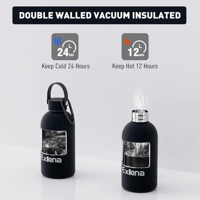 Alt view image 3 of 7 - Small Water Bottles 12 oz with Handle Lid and Carabiner, Mini Insulated Water Bottle Double Wall Vacuum Leakproof for Kids/Adults (Black)