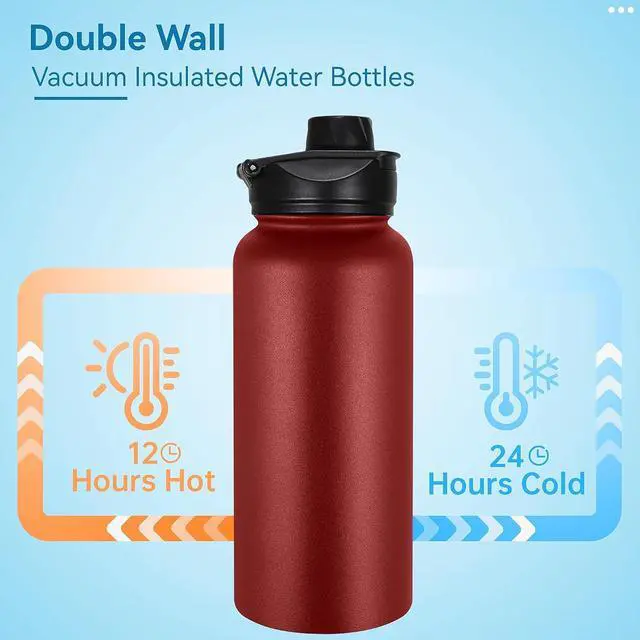 Alt view image 3 of 7 - VEGOND 32 oz Insulated Water Bottle Bulk Stainless Steel Metal Water Bottles with Leak Proof Straw Lid & Spout Lid, Wide Mouth Double Walled Vacuum Travel Sports Bottle, Red 4 Pack