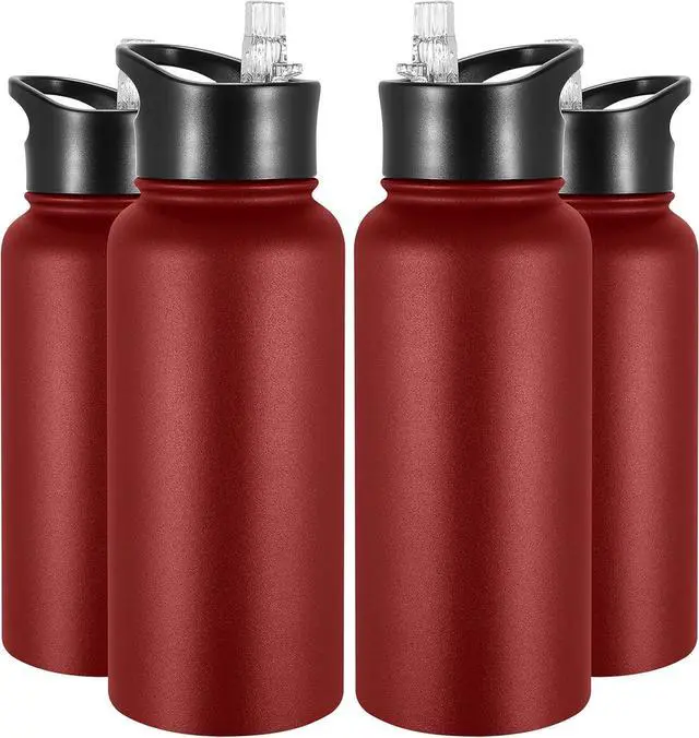 Main image of VEGOND 32 oz Insulated Water Bottle Bulk Stainless Steel Metal Water Bottles with Leak Proof Straw Lid & Spout Lid, Wide Mouth Double Walled Vacuum Travel Sports Bottle, Red 4 Pack