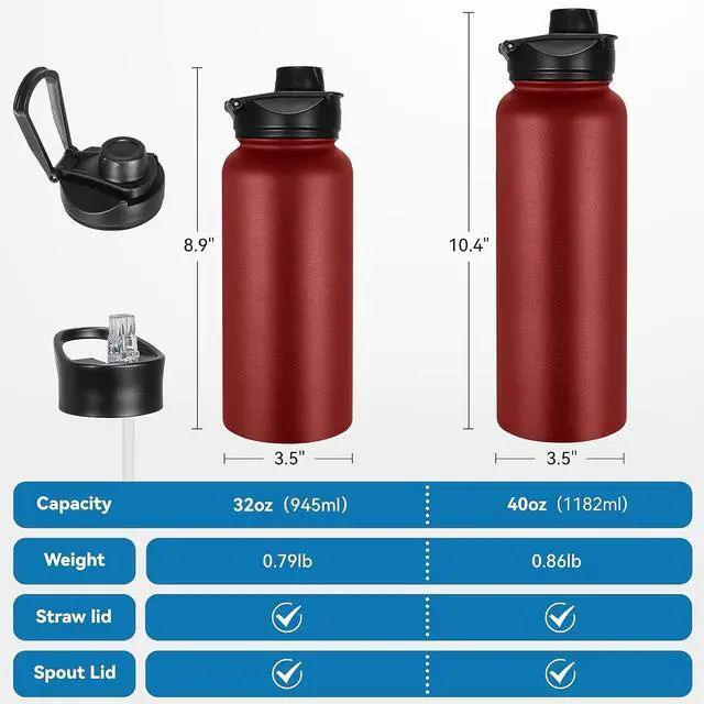 Alt view image 4 of 7 - VEGOND 32 oz Insulated Water Bottle Bulk Stainless Steel Metal Water Bottles with Leak Proof Straw Lid & Spout Lid, Wide Mouth Double Walled Vacuum Travel Sports Bottle, Red 4 Pack
