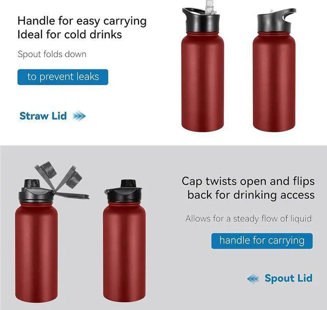 Alt view image 5 of 7 - VEGOND 32 oz Insulated Water Bottle Bulk Stainless Steel Metal Water Bottles with Leak Proof Straw Lid & Spout Lid, Wide Mouth Double Walled Vacuum Travel Sports Bottle, Red 4 Pack