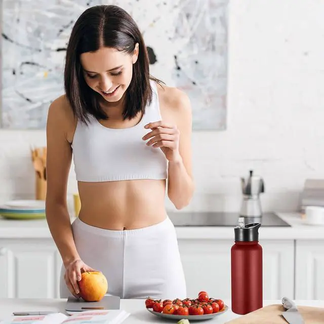 Alt view image 6 of 7 - VEGOND 32 oz Insulated Water Bottle Bulk Stainless Steel Metal Water Bottles with Leak Proof Straw Lid & Spout Lid, Wide Mouth Double Walled Vacuum Travel Sports Bottle, Red 4 Pack