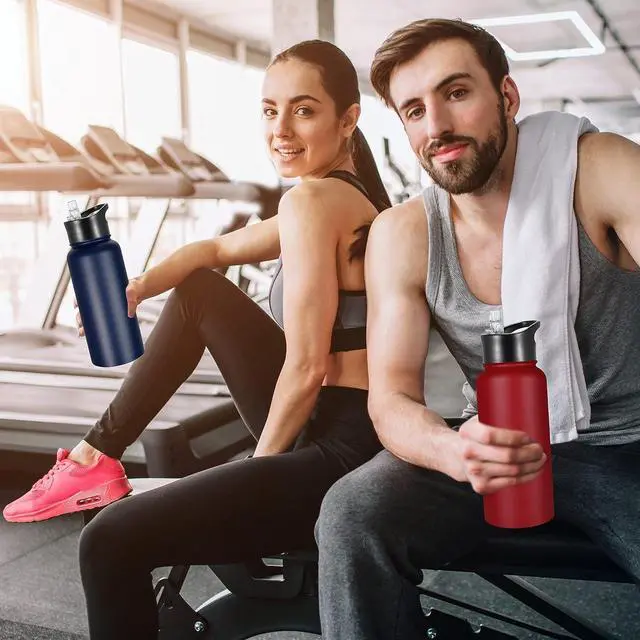 Alt view image 7 of 7 - VEGOND 32 oz Insulated Water Bottle Bulk Stainless Steel Metal Water Bottles with Leak Proof Straw Lid & Spout Lid, Wide Mouth Double Walled Vacuum Travel Sports Bottle, Red 4 Pack