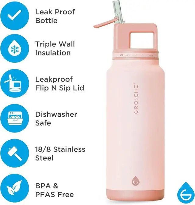 Alt view image 3 of 7 - GROSCHE Alpine Flip n' Sip 40 oz Insulated Water Bottle - Stainless Steel, Leakproof Flask with Straw - Perfect for Gym, Travel & Outdoor Use - Keeps Water Cold up to 60 hrs - Rose Pink
