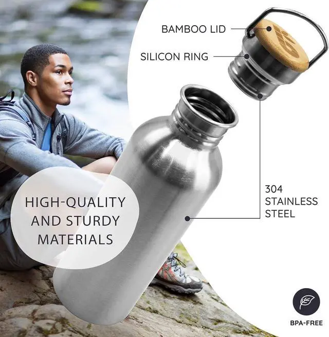 Alt view image 2 of 7 - Bambaw Stainless Steel Water Bottles 32 oz, Non-insulated Single Wall Metal Water Bottle Stainless Steel, Reusable & Eco Friendly, Dishwasher Safe  Silver