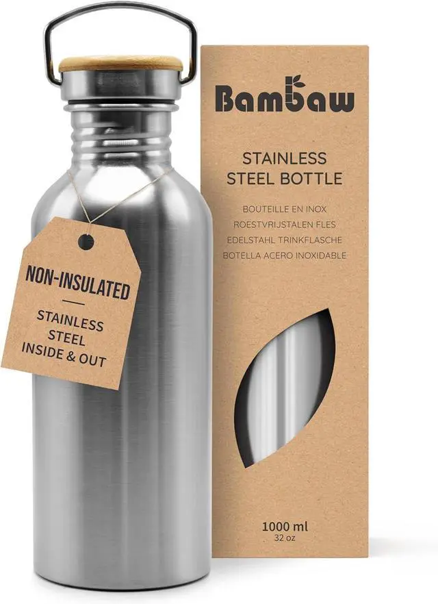 Main image of Bambaw Stainless Steel Water Bottles 32 oz, Non-insulated Single Wall Metal Water Bottle Stainless Steel, Reusable & Eco Friendly, Dishwasher Safe  Silver