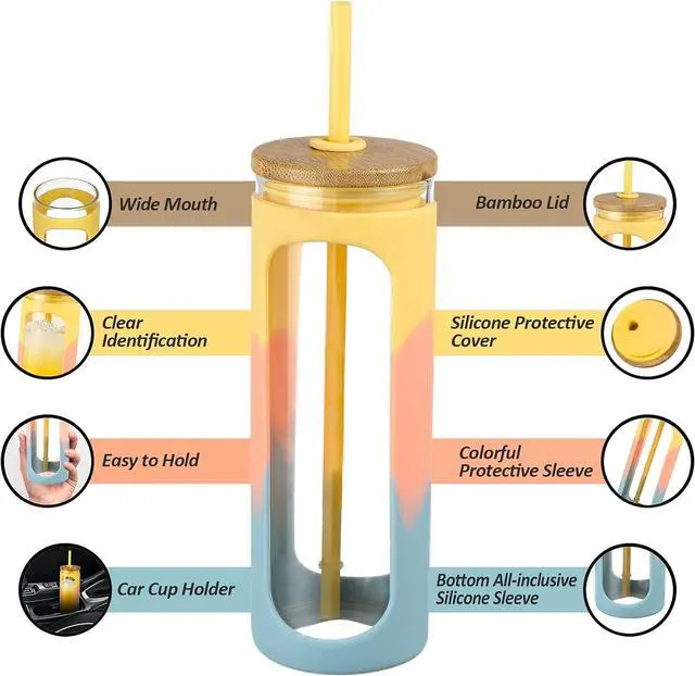 Alt view image 3 of 7 - Kodrine 20oz Glass Tumbler with Straw and Lid, Iced Coffee Cups with Bamboo Lids, Glass Cups for Cold Drinks, Smoothie Cup with Silicone Sleeve for Travel, Work, BPA FREE-Green