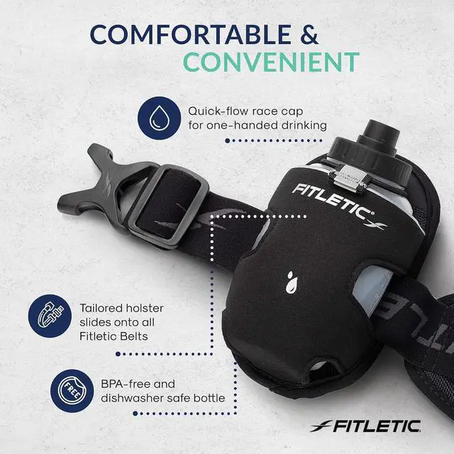 Alt view image 2 of 6 - Fitletic 8-ounce Sport Water Bottle with Holster Attachable to Belts. No-Bite Cap Quick Hydration for Daily Running, Marathon, Triathlon, Ironman Race