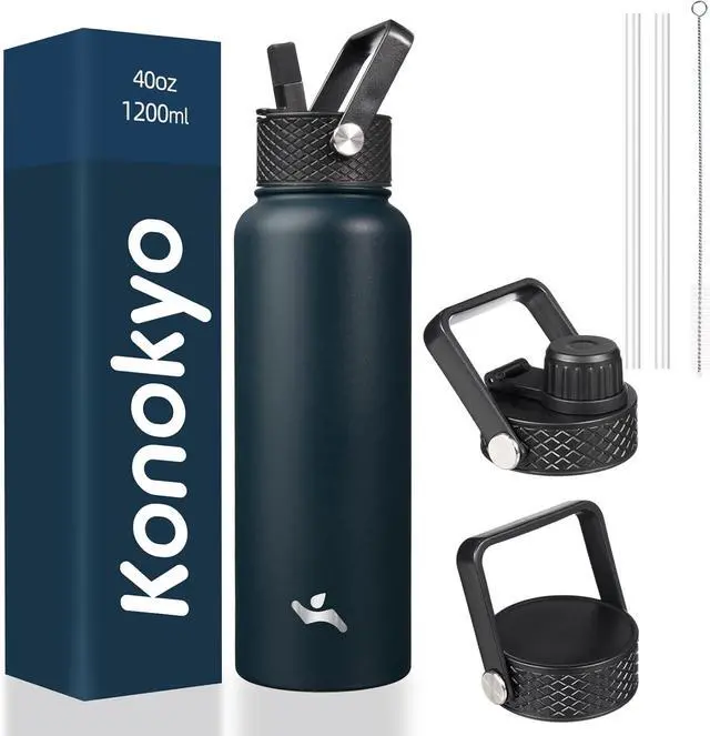 Main image of 40oz Insulated Water Bottle Stainless Steel Sport Bottles with 3 Lids,Navy Blue