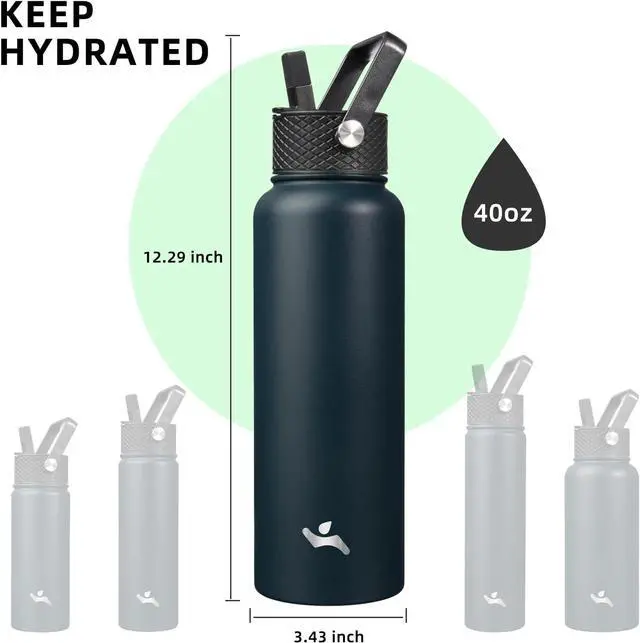 Alt view image 5 of 7 - 40oz Insulated Water Bottle Stainless Steel Sport Bottles with 3 Lids,Navy Blue