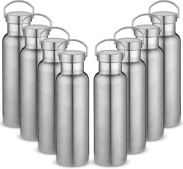 Main image of Neihepal 20 oz Insulated Water Bottles Bulk 8 Pack,Stainless Steel Double Wall Sport Bottle with Lid of Handle,Metal Reusable Thermoses Flask with Cup Cap for School,Hikers,Gift (Silver,Set of 8)