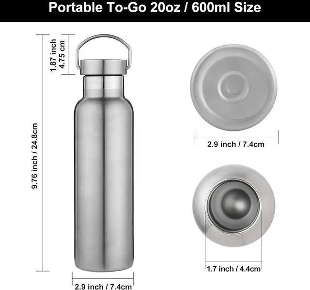 Alt view image 5 of 6 - Neihepal 20 oz Insulated Water Bottles Bulk 8 Pack,Stainless Steel Double Wall Sport Bottle with Lid of Handle,Metal Reusable Thermoses Flask with Cup Cap for School,Hikers,Gift (Silver,Set of 8)