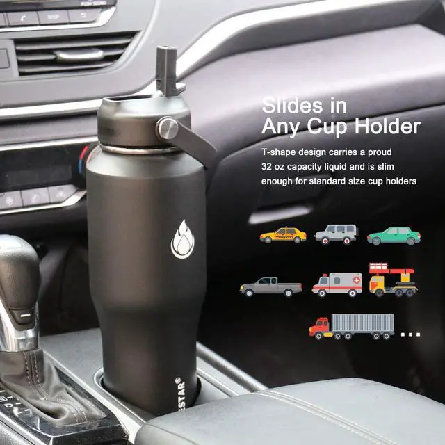 Alt view image 2 of 7 - SENDESTAR Water Bottle 32oz,2 Lids(Straw lid),Wide Mouth Stainless Steel Vacuum Insulated Double Wall Keep Liquids Cold or Hot All Day,Sweat Proof Sport Design,Fit Car Cup Holder(Black)