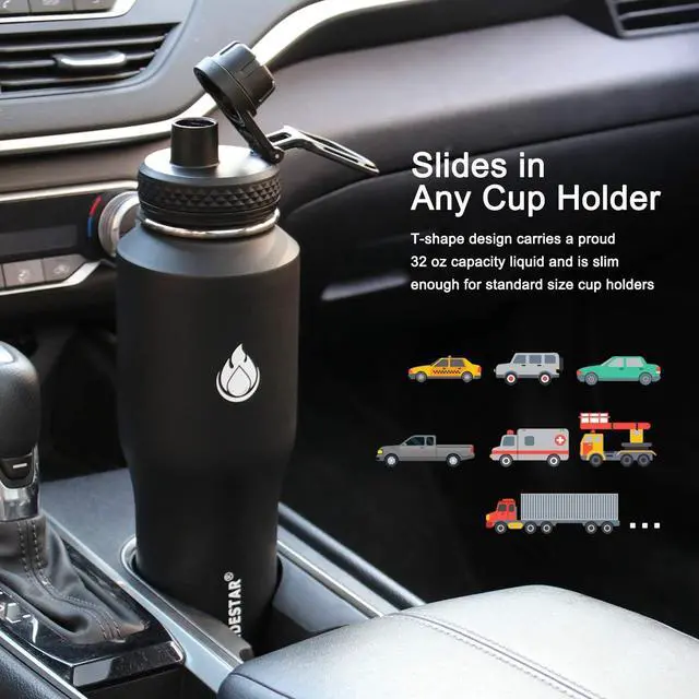 Alt view image 3 of 7 - SENDESTAR Water Bottle 32oz,2 Lids(Straw lid),Wide Mouth Stainless Steel Vacuum Insulated Double Wall Keep Liquids Cold or Hot All Day,Sweat Proof Sport Design,Fit Car Cup Holder(Black)