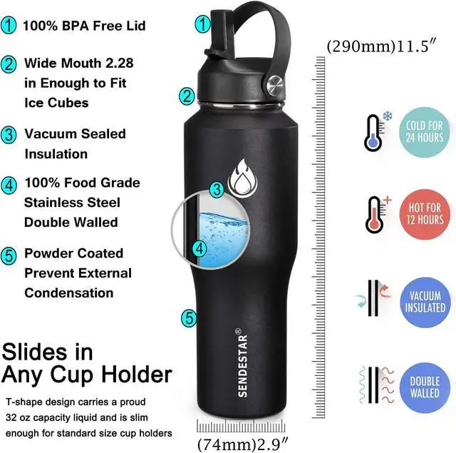 Alt view image 5 of 7 - SENDESTAR Water Bottle 32oz,2 Lids(Straw lid),Wide Mouth Stainless Steel Vacuum Insulated Double Wall Keep Liquids Cold or Hot All Day,Sweat Proof Sport Design,Fit Car Cup Holder(Black)