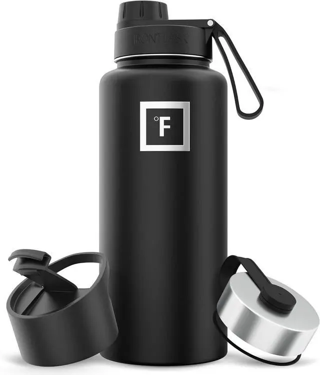 Main image of IRON °FLASK Camping & Hiking Hydration Flask with 3 Lids - Stainless Steel, Double Walled & Vacuum Insulated Water Bottle - Leak Proof & BPA Free (Midnight Black, Spout - 32 oz)