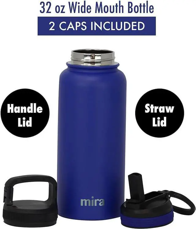 Alt view image 2 of 7 - MIRA 32 oz Insulated Water Bottle - Stainless Steel Sports Flask with 2 Lids (Straw & Handle) - Cold Drink Thermos - Blue