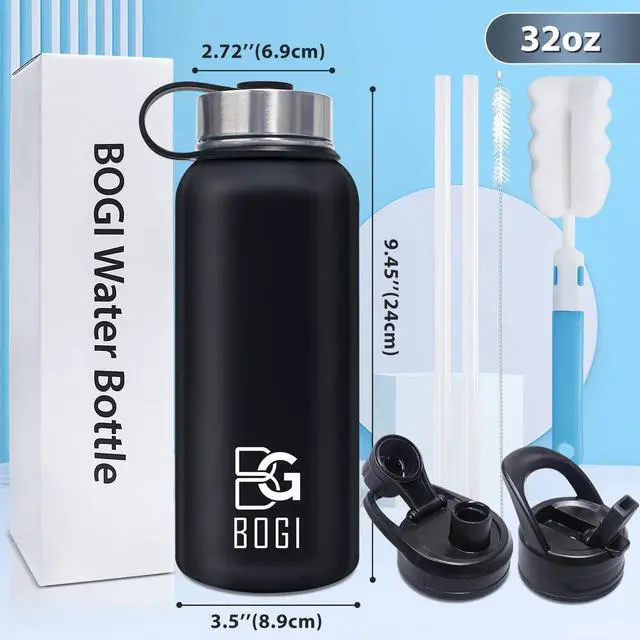 Alt view image 2 of 7 - BOGI Insulated Water Bottle 32 oz, Double Wall Vacuum Stainless Steel Water Bottle with Straw and 3 Lids, Sweat-Proof Wide Mouth Metal Water Bottle Keeps Hot or Cold for Sports Gym Office (Black)