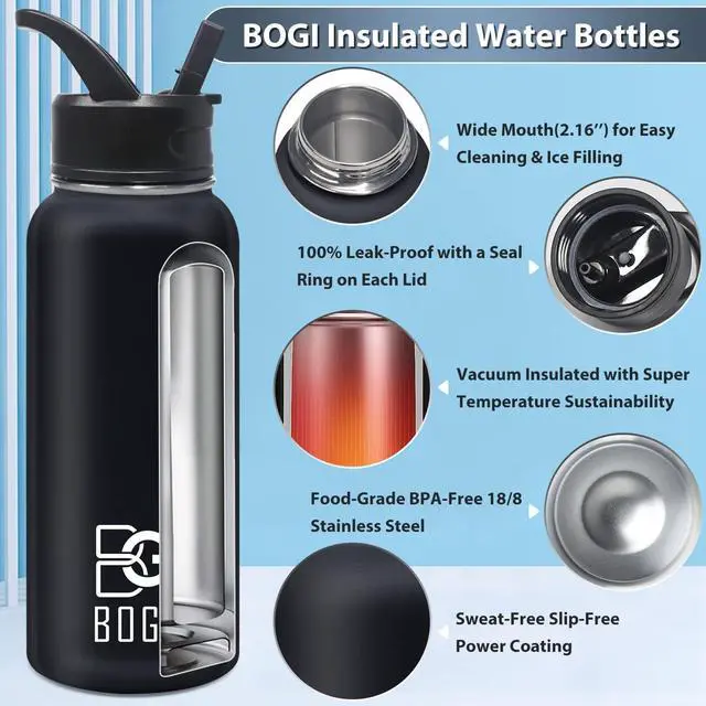 Alt view image 3 of 7 - BOGI Insulated Water Bottle 32 oz, Double Wall Vacuum Stainless Steel Water Bottle with Straw and 3 Lids, Sweat-Proof Wide Mouth Metal Water Bottle Keeps Hot or Cold for Sports Gym Office (Black)