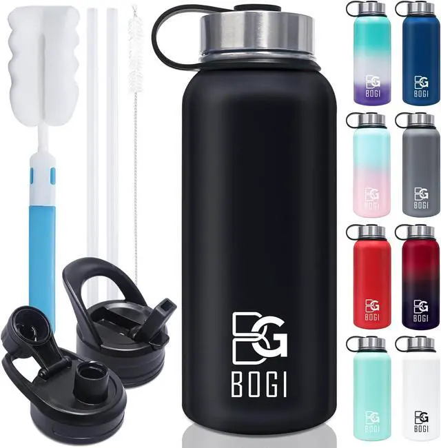 Main image of BOGI Insulated Water Bottle 32 oz, Double Wall Vacuum Stainless Steel Water Bottle with Straw and 3 Lids, Sweat-Proof Wide Mouth Metal Water Bottle Keeps Hot or Cold for Sports Gym Office (Black)