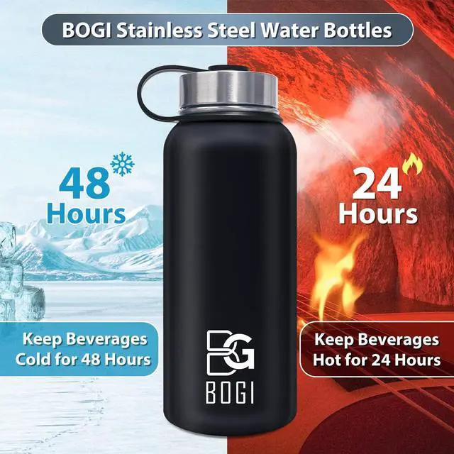 Alt view image 4 of 7 - BOGI Insulated Water Bottle 32 oz, Double Wall Vacuum Stainless Steel Water Bottle with Straw and 3 Lids, Sweat-Proof Wide Mouth Metal Water Bottle Keeps Hot or Cold for Sports Gym Office (Black)