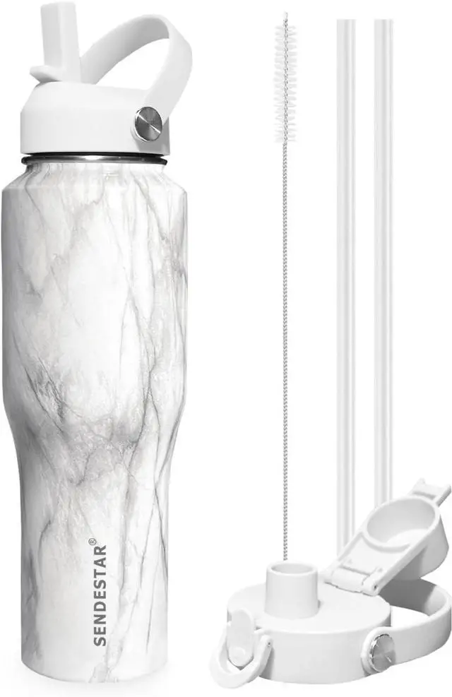 Main image of SENDESTAR 40oz Stainless Steel Water Bottle(Cold for 48 Hrs, Hot for 24 Hrs),Double Wall Vacuum Insulated Bottle with Straw Lid, Spout Lid and Flex Cap, Fit in Any Car Cup Holder TXIN-40-Marbling