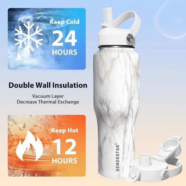 Alt view image 2 of 6 - SENDESTAR 40oz Stainless Steel Water Bottle(Cold for 48 Hrs, Hot for 24 Hrs),Double Wall Vacuum Insulated Bottle with Straw Lid, Spout Lid and Flex Cap, Fit in Any Car Cup Holder TXIN-40-Marbling