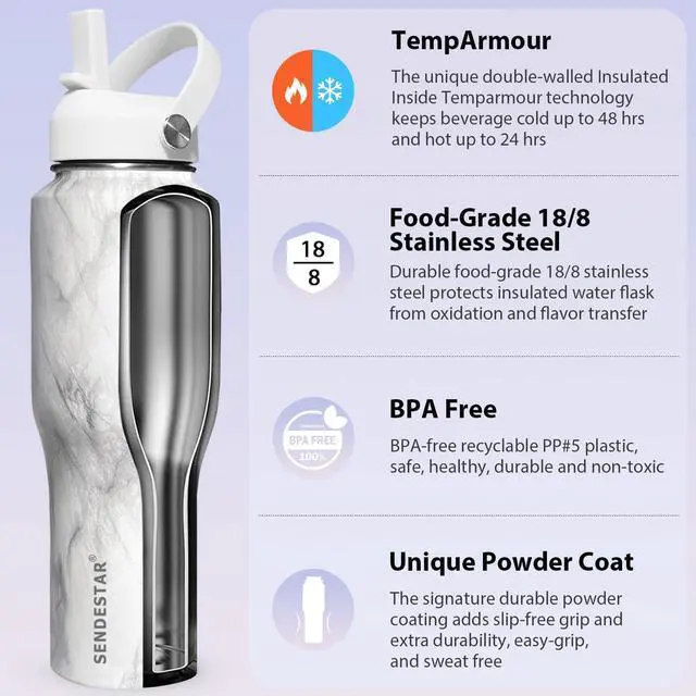 Alt view image 3 of 6 - SENDESTAR 40oz Stainless Steel Water Bottle(Cold for 48 Hrs, Hot for 24 Hrs),Double Wall Vacuum Insulated Bottle with Straw Lid, Spout Lid and Flex Cap, Fit in Any Car Cup Holder TXIN-40-Marbling
