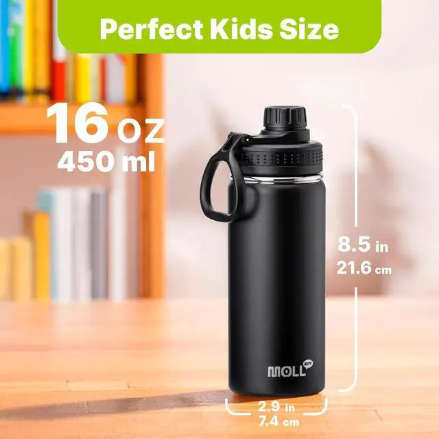 Alt view image 7 of 7 - Kids Insulated Water Bottle-16 oz Stainless Steel Vacuum Wide Mouth Sports Flask with Silicone Boot-Reusable Metal Leak Proof Travel Water Bottle for Girls Boys, BPA-Free(Black)