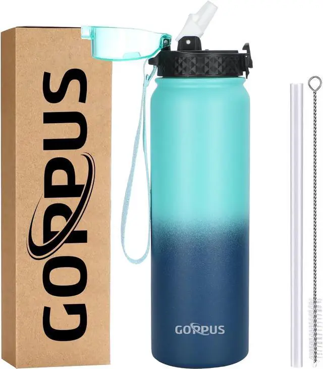 Main image of GOPPUS 32 oz Sports Water Bottle 1 Liter Double Wall Insulated Stainless Steel Water Bottles with Straw Lid Reusable Leak proof Metal water bottles with Strap Handle(Blue Navy 1 lid)
