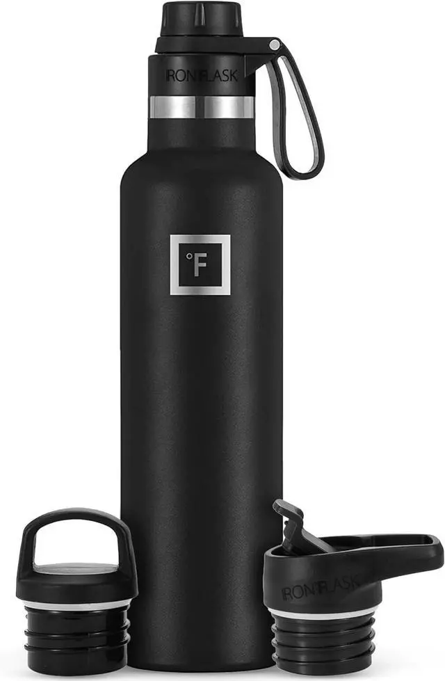 Main image of IRON °FLASK Camping & Hiking Hydration Canteens - 3 Lids (Narrow Spout Lid) Leak Proof Vacuum Insulated Stainless Steel - Hot & Cold Double Walled Sports Water Bottle - Midnight Black, 24 Oz
