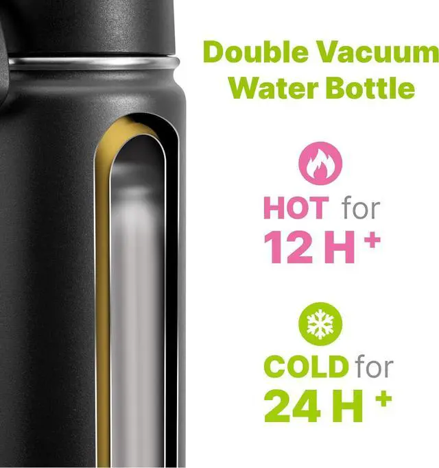 Alt view image 2 of 7 - Insulated Water Bottle with Straw-18 oz Stainless Steel Double Wall Vacuum Wide Mouth Water Bottle with Silicone Boot for Travel, Sports (Black)