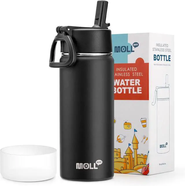 Main image of Insulated Water Bottle with Straw-18 oz Stainless Steel Double Wall Vacuum Wide Mouth Water Bottle with Silicone Boot for Travel, Sports (Black)