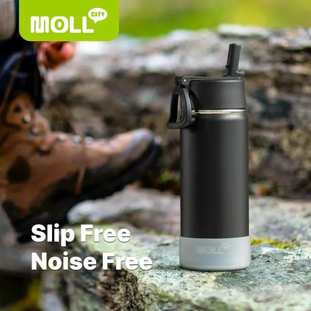 Alt view image 4 of 7 - Insulated Water Bottle with Straw-18 oz Stainless Steel Double Wall Vacuum Wide Mouth Water Bottle with Silicone Boot for Travel, Sports (Black)