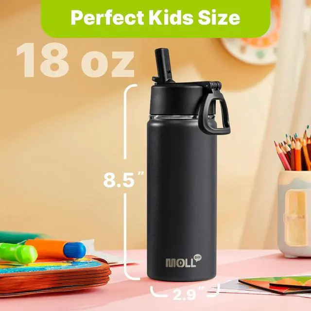 Alt view image 5 of 7 - Insulated Water Bottle with Straw-18 oz Stainless Steel Double Wall Vacuum Wide Mouth Water Bottle with Silicone Boot for Travel, Sports (Black)