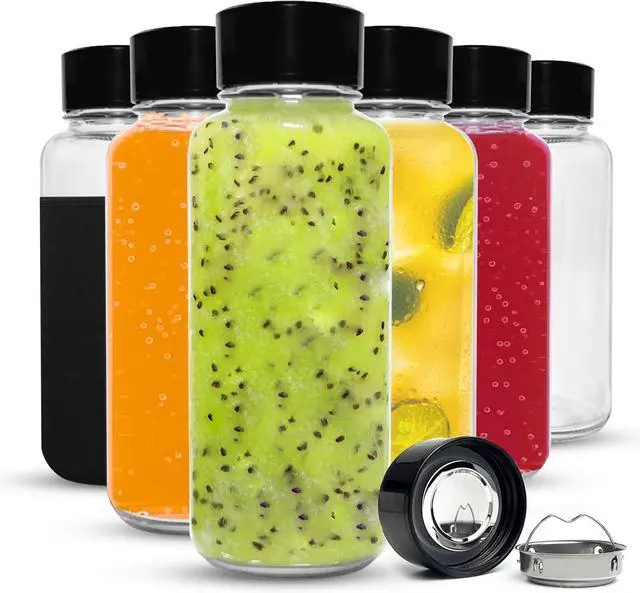 Main image of purifyou 32oz Clear Glass Water Bottles for Fridge Set of 6 - Reusable Juicing Bottles with Lids and Neoprene Sleeves for Water, Milk, Juice, Smoothies, Tea - Stainless Steel Leak-Proof Wide Mouth