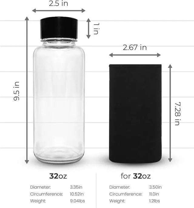 Alt view image 2 of 7 - purifyou 32oz Clear Glass Water Bottles for Fridge Set of 6 - Reusable Juicing Bottles with Lids and Neoprene Sleeves for Water, Milk, Juice, Smoothies, Tea - Stainless Steel Leak-Proof Wide Mouth