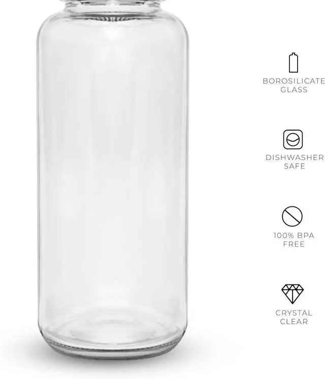 Alt view image 3 of 7 - purifyou 32oz Clear Glass Water Bottles for Fridge Set of 6 - Reusable Juicing Bottles with Lids and Neoprene Sleeves for Water, Milk, Juice, Smoothies, Tea - Stainless Steel Leak-Proof Wide Mouth