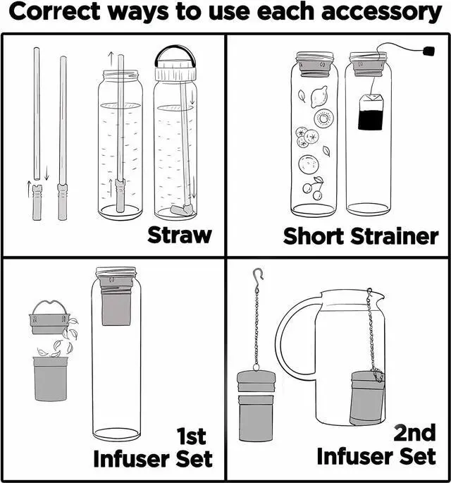 Alt view image 4 of 7 - 32oz Borosilicate Glass Water Bottle with Bamboo Lid and 2 Tea Infuser Sets for Fruit Infused Water and Cold Brew Coffee - Glass Tea Infuser Bottle with Strainer for Loose Leaf Tea