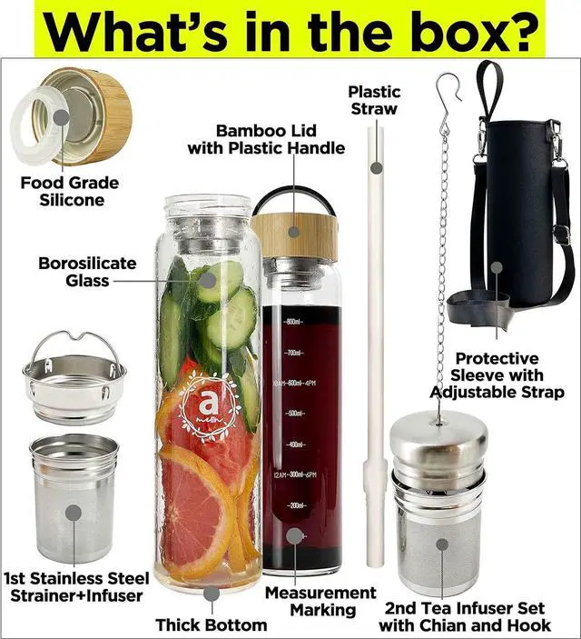 Alt view image 2 of 7 - 32oz Borosilicate Glass Water Bottle with Bamboo Lid and 2 Tea Infuser Sets for Fruit Infused Water and Cold Brew Coffee - Glass Tea Infuser Bottle with Strainer for Loose Leaf Tea