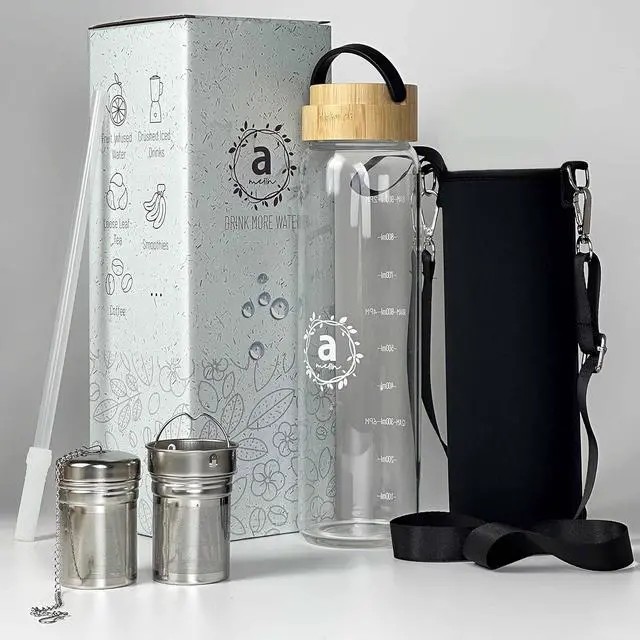 Alt view image 3 of 7 - 32oz Borosilicate Glass Water Bottle with Bamboo Lid and 2 Tea Infuser Sets for Fruit Infused Water and Cold Brew Coffee - Glass Tea Infuser Bottle with Strainer for Loose Leaf Tea