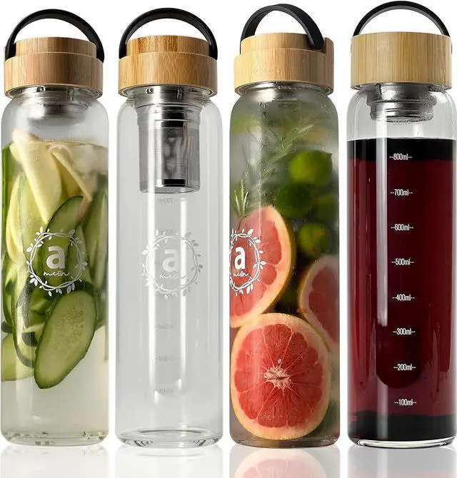Alt view image 5 of 7 - 32oz Borosilicate Glass Water Bottle with Bamboo Lid and 2 Tea Infuser Sets for Fruit Infused Water and Cold Brew Coffee - Glass Tea Infuser Bottle with Strainer for Loose Leaf Tea