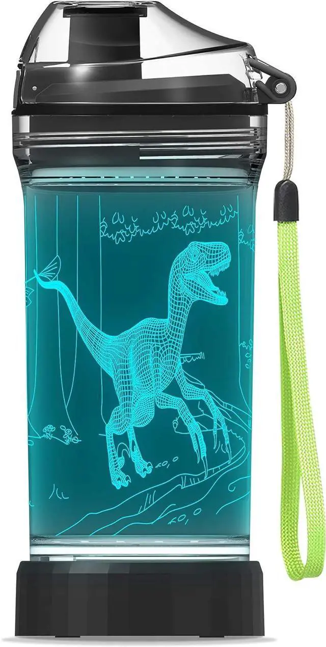Light Up Dinosaur Water Bottle with Color Changing Night Light- 14 OZ Tritan BPA Free - Cute Velociraptor Kids Drinking Cups Gift for School Boy Girl Child Grandson Christmas Holiday