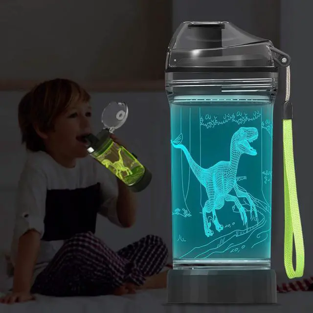 Alt view image 2 of 7 - Light Up Dinosaur Water Bottle with Color Changing Night Light- 14 OZ Tritan BPA Free - Cute Velociraptor Kids Drinking Cups Gift for School Boy Girl Child Grandson Christmas Holiday