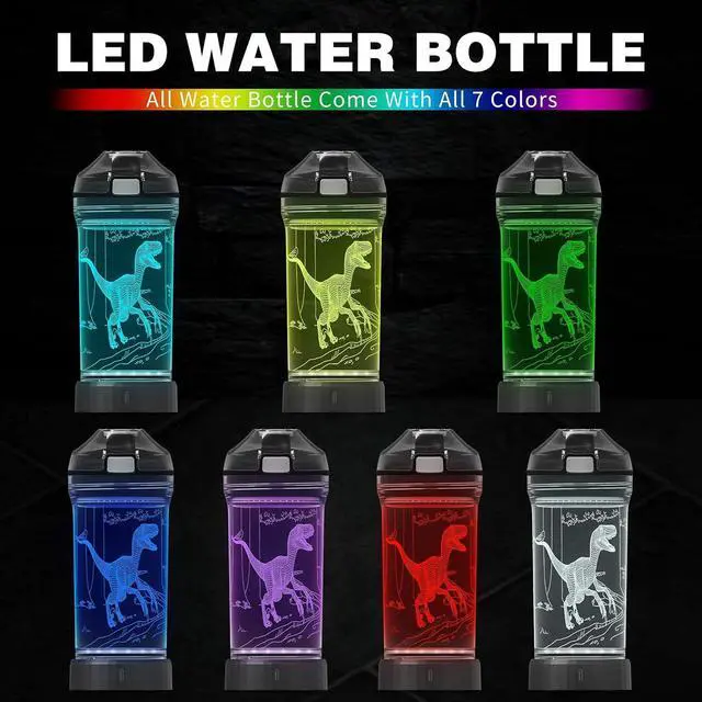 Alt view image 3 of 7 - Light Up Dinosaur Water Bottle with Color Changing Night Light- 14 OZ Tritan BPA Free - Cute Velociraptor Kids Drinking Cups Gift for School Boy Girl Child Grandson Christmas Holiday