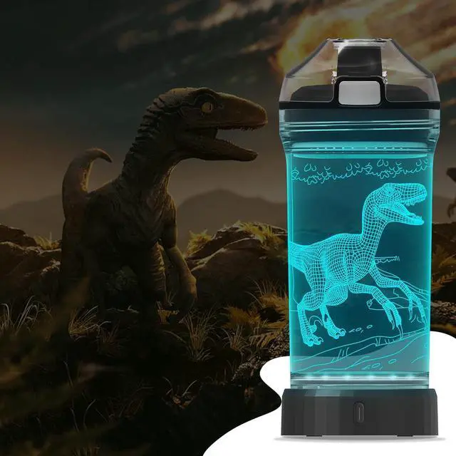 Alt view image 4 of 7 - Light Up Dinosaur Water Bottle with Color Changing Night Light- 14 OZ Tritan BPA Free - Cute Velociraptor Kids Drinking Cups Gift for School Boy Girl Child Grandson Christmas Holiday