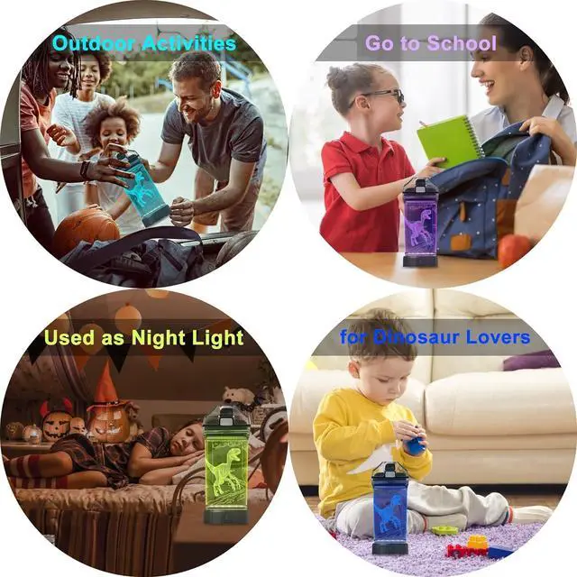 Alt view image 7 of 7 - Light Up Dinosaur Water Bottle with Color Changing Night Light- 14 OZ Tritan BPA Free - Cute Velociraptor Kids Drinking Cups Gift for School Boy Girl Child Grandson Christmas Holiday
