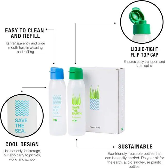 Alt view image 5 of 6 - Tupperware Round 500ml Fliptop Bottle Cool n Chic, Save Earth Save Sea 2pc