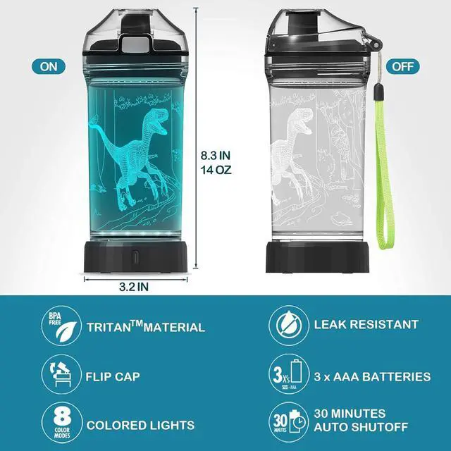 Alt view image 5 of 7 - Light Up Dinosaur Water Bottle with Color Changing Night Light- 14 OZ Tritan BPA Free - Cute Velociraptor Kids Drinking Cups Gift for School Boy Girl Child Grandson Christmas Holiday